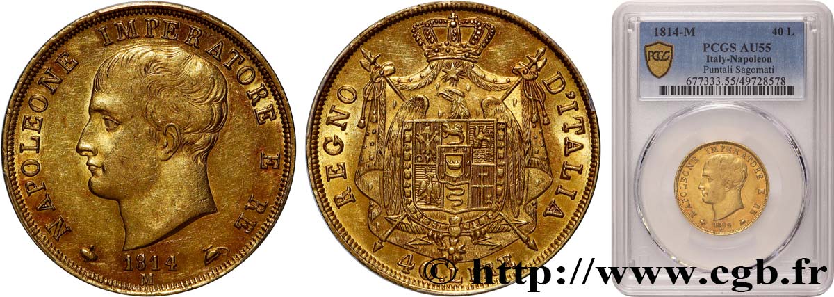 ITALIA - REINO DE ITALIA - NAPOLEóNE I 40 Lire 1814 Milan EBC55 PCGS