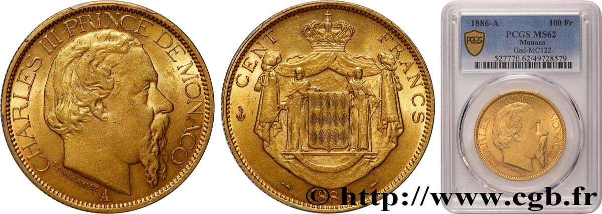 MONACO - PRINCIPALITY OF MONACO - CHARLES III 100 Francs or  1886 Paris MS62 PCGS