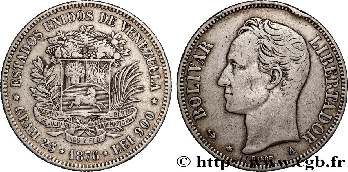 VENEZUELA 1 Venezolano Simon Bolivar 1876 Pessac fSS 