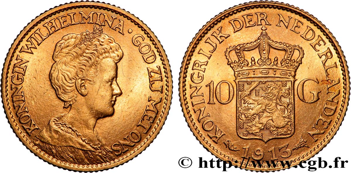 INVESTMENT GOLD 10 Gulden Wilhelmina 1913 Utrecht VZ 