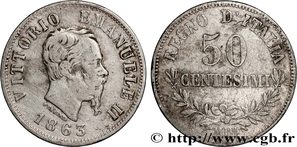 ITALIE 50 Centesimi Victor Emmanuel II type à l’écu 1863 Milan TB 