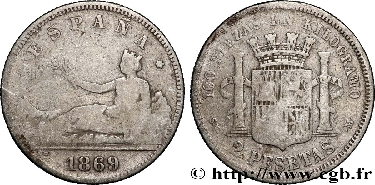 ESPAÑA 2 Pesetas 1869 Madrid RC+ 