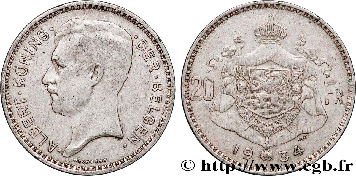 BELGIQUE 20 Francs Albert Ier légende Flamande 1934  TB+ 
