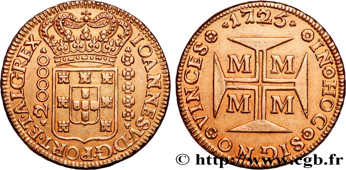 BRAZIL - JOHN V 20000 Reis 1725 Minas Gerais AU 