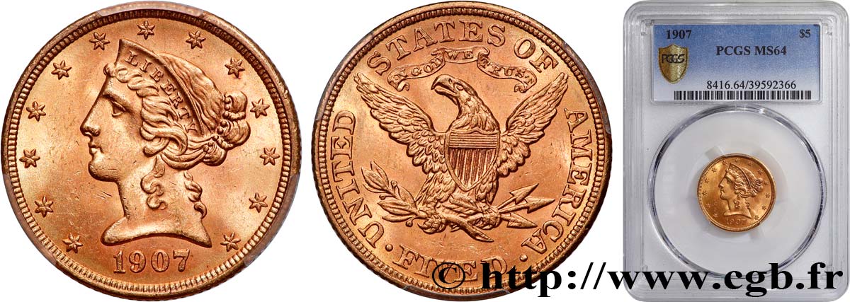 ÉTATS-UNIS D AMÉRIQUE 5 Dollars  Liberty  1907 Philadelphie SPL64 PCGS