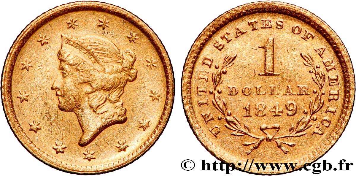 ESTADOS UNIDOS DE AMÉRICA 1 Dollar Or  Liberty head , 1er type 1849 Philadelphie MBC+ 