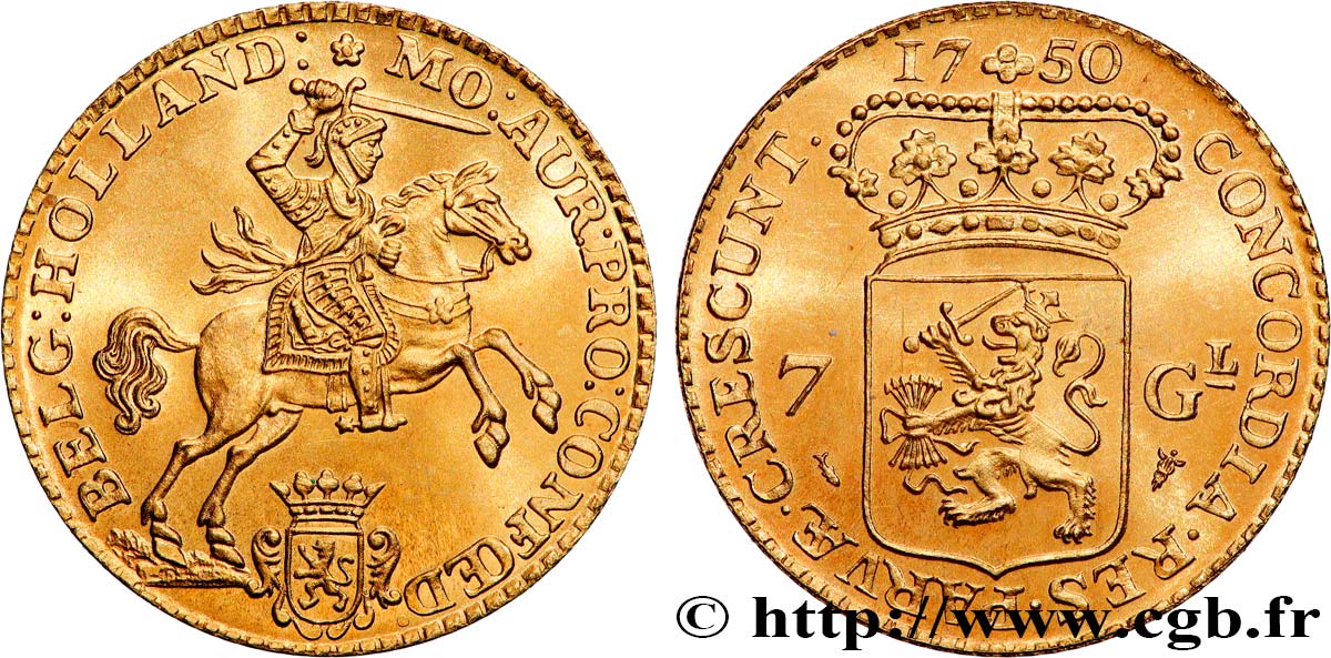 PAYS-BAS - PROVINCES-UNIES - HOLLANDE 7 Gulden ou demi-cavalier d or  - Refrappe (restrike) (1750) Dordrecht SPL 