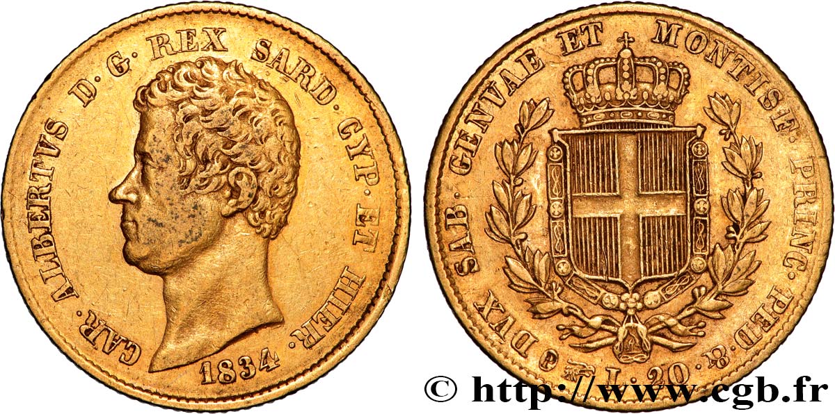 ITALY - KINGDOM OF SARDINIA - CHARLES-ALBERT 20 Lire  1834 Turin XF 