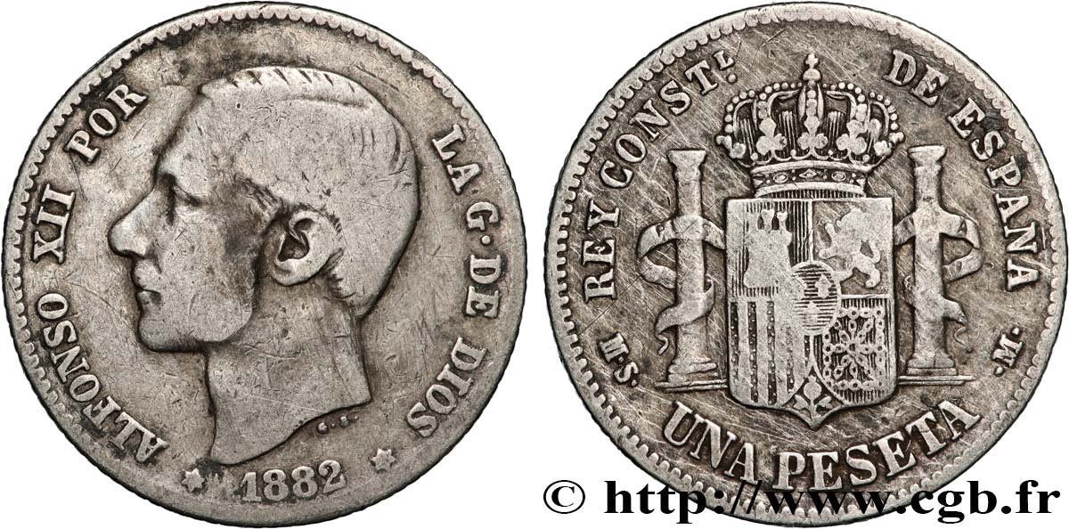 SPAIN 1 Peseta Alphonse XII 1882  VF 