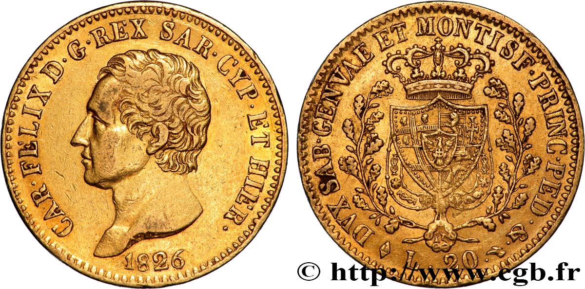 ITALY - KINGDOM OF SARDINIA - CHARLES-FELIX 20 Lire  1826 Turin XF 