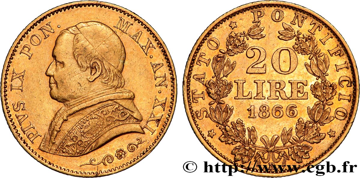 VATICANO Y ESTADOS PONTIFICIOS 20 Lire Pie IX an XXI 1866 Rome MBC/MBC+ 