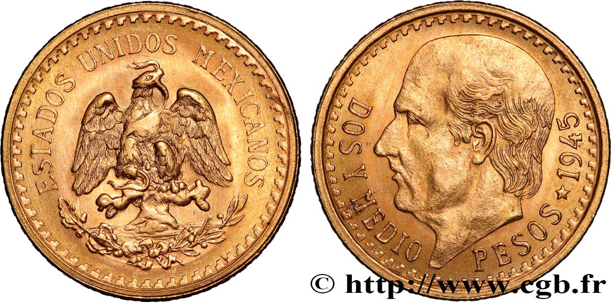 MÉXICO 2 1/2 Pesos Miguel Hidalgo 1945 Mexico SC 