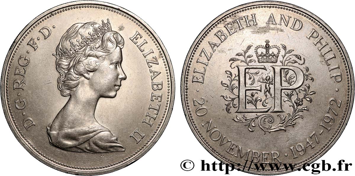 ROYAUME-UNI 25 New Pence (1 Crown) 25e anniversaire de mariage d’Elisabeth II 1972  SUP 
