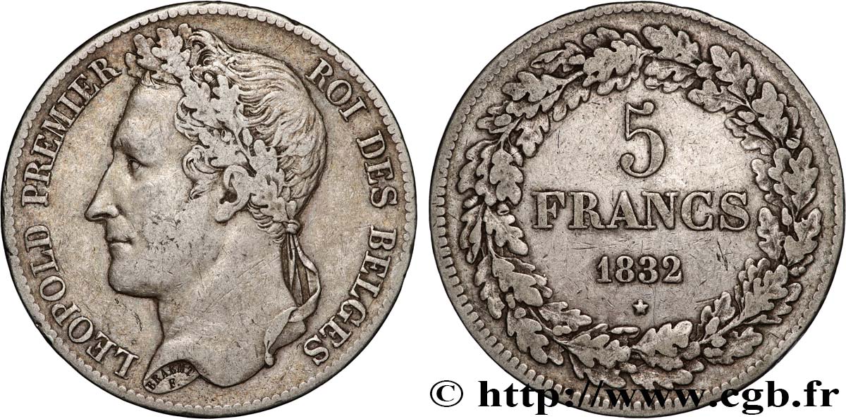 BELGIQUE - ROYAUME DE BELGIQUE - LÉOPOLD Ier 5 Francs tête laurée 1832 Bruxelles BB 