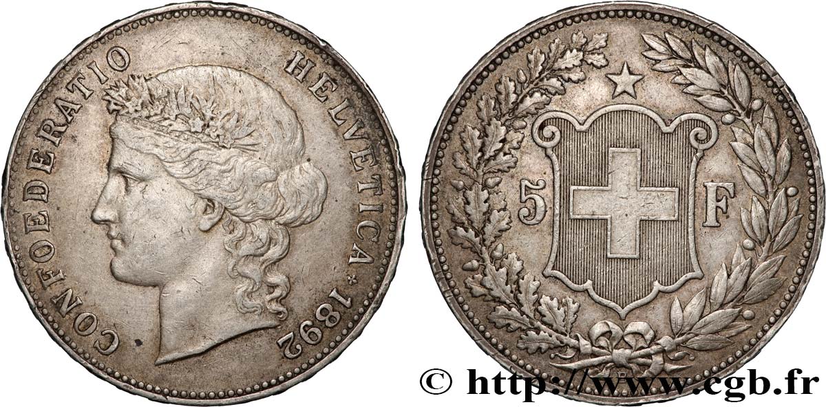 SUISSE 5 Francs Helvetia 1892 Berne TTB 