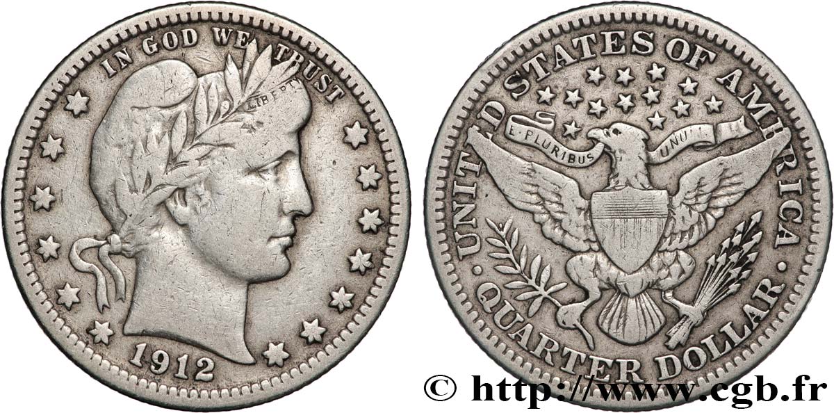 ÉTATS-UNIS D&nbsp;AMÉRIQUE 1/4 Dollar Barber 1912 Philadelphie TB+ 