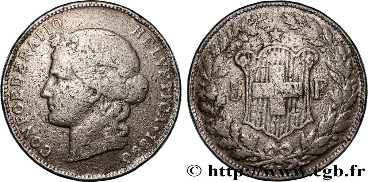 SUISSE 5 Francs Helvetia 1890 Berne TB 