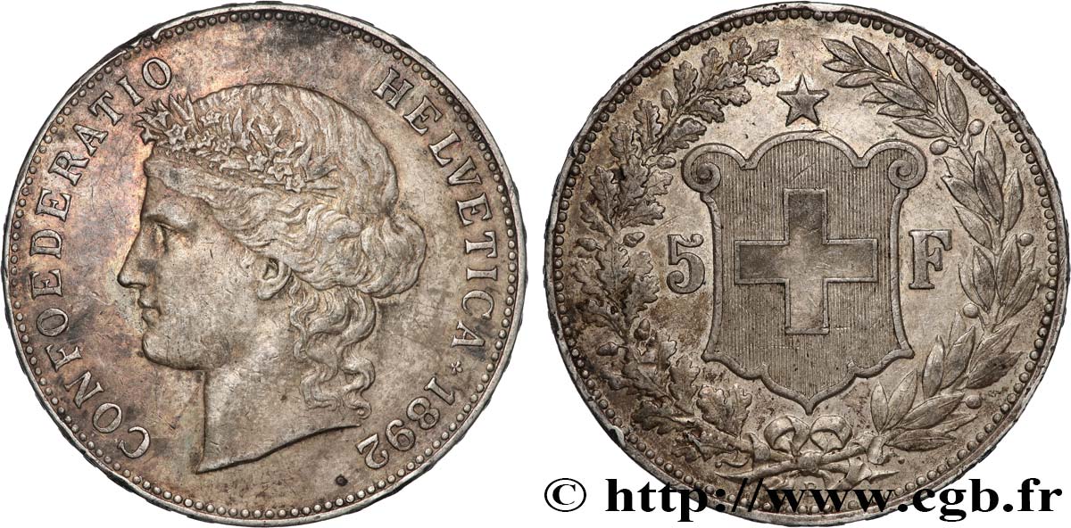 SWITZERLAND 5 Francs Helvetia 1892 Berne XF 