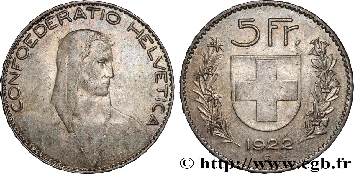SWITZERLAND 5 Francs Berger 1922 Berne XF 