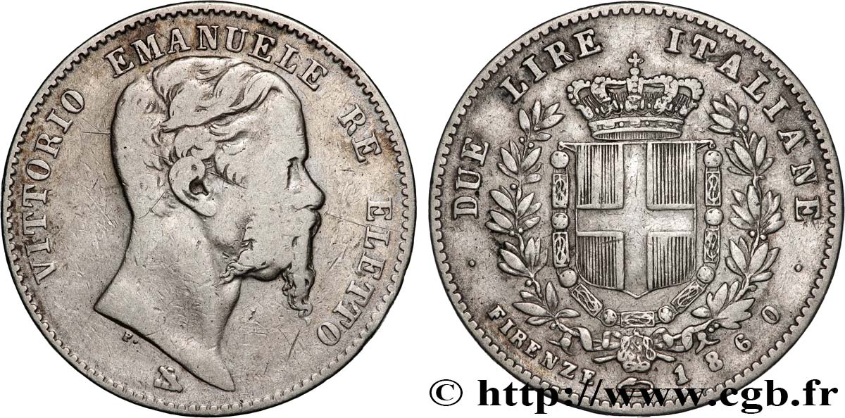 ITALIA 2 Lire Victor Emmanuel II roi élu d’Italie 1860 Florence BC+ 