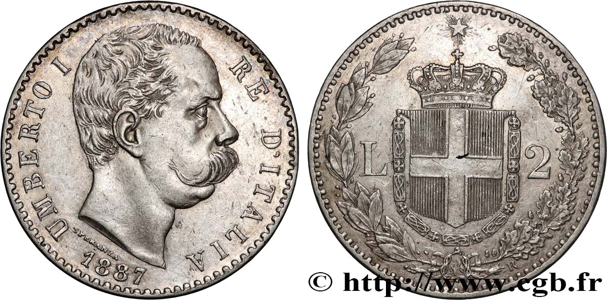 ITALY - KINGDOM OF ITALY - UMBERTO I 2 Lire  1887 Rome AU 