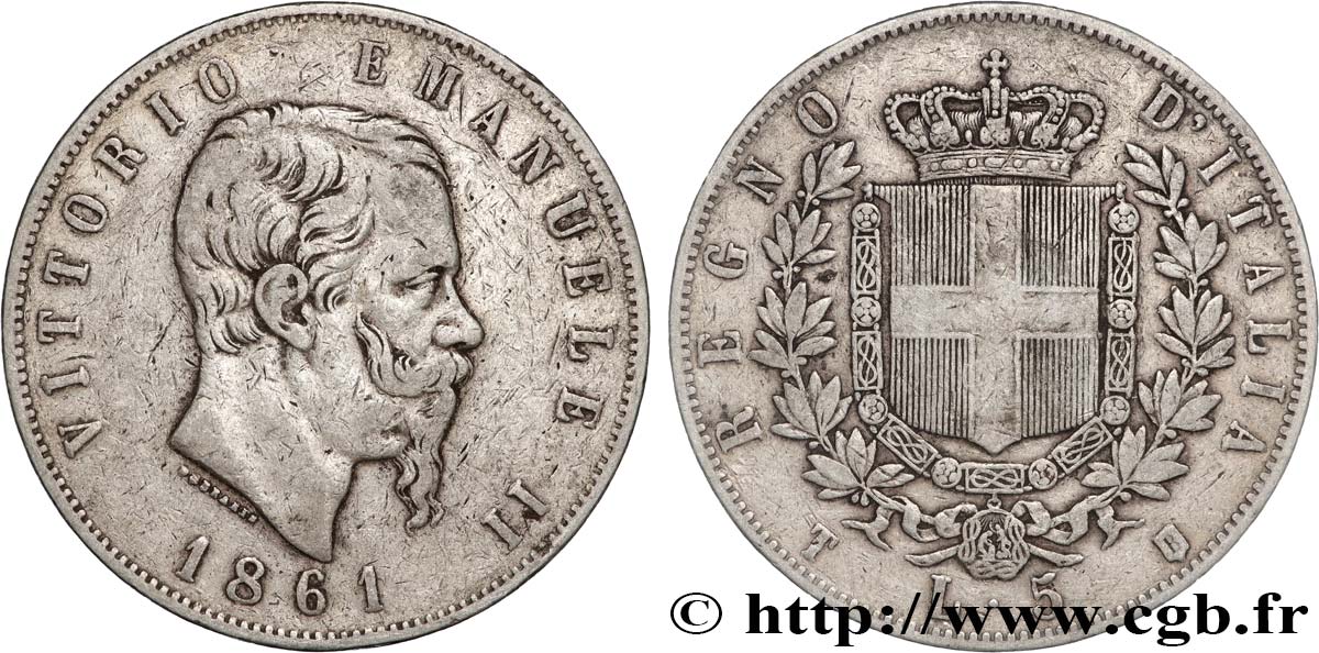 ITALIA - REINO DE ITALIA - VÍCTOR-MANUEL II 5 Lire  1861 Turin BC+ 