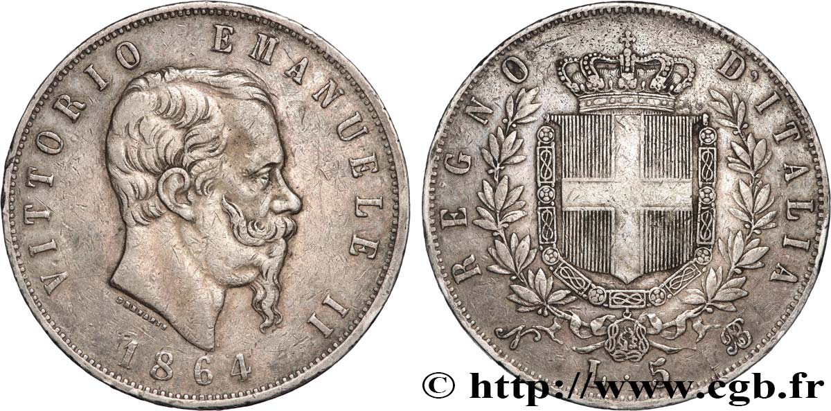 ITALIA - REINO DE ITALIA - VÍCTOR-MANUEL II 5 Lire  1864 Naples BC+ 