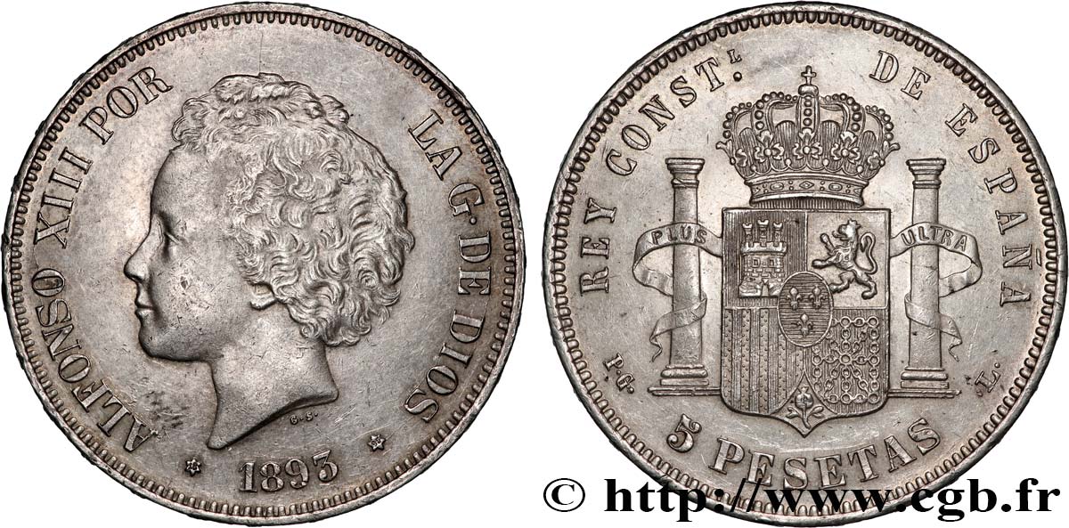 ESPAGNE - ROYAUME D ESPAGNE - ALPHONSE XIII 5 Pesetas  1893 Madrid SUP 