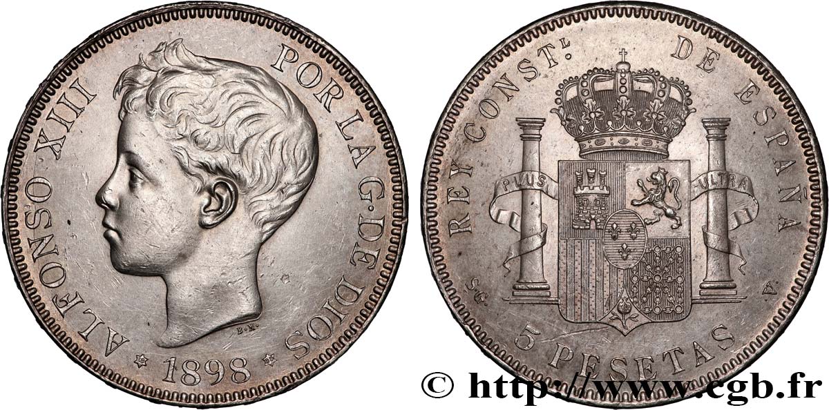 SPAGNA - REGNO DI SPANA - ALFONSO XIII 5 Pesetas 3e type 1898 Madrid SPL 