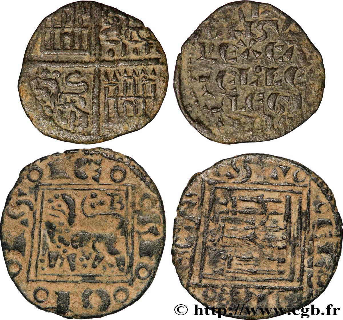 SPAIN - KINGDOMS OF CASTILE AND LEON - ALFONSO X Lot de deux oboles en billon 1252 - 1284 Burgos XF 