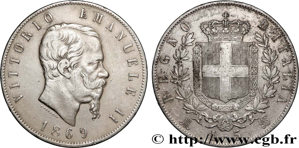 ITALIE 5 Lire Victor Emmanuel II 1869 Milan TB+ 