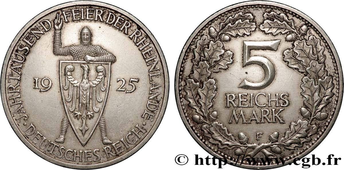 GERMANY 5 Reichsmark 1000e anniversaire de la Rhénanie 1925 Stuttgart AU 