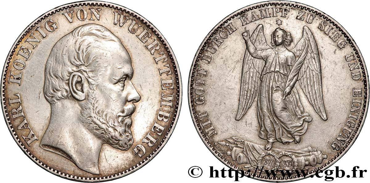 GERMANY - KINGDOM OF WURTTEMBERG - CHARLES Ist 1 Thaler 1871 Stuttgart XF 