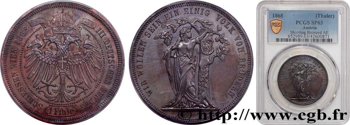 AUSTRIA - FRANZ-JOSEPH I 1 Thaler, 3e festival de tir allemand 1868 Vienne MS63 PCGS