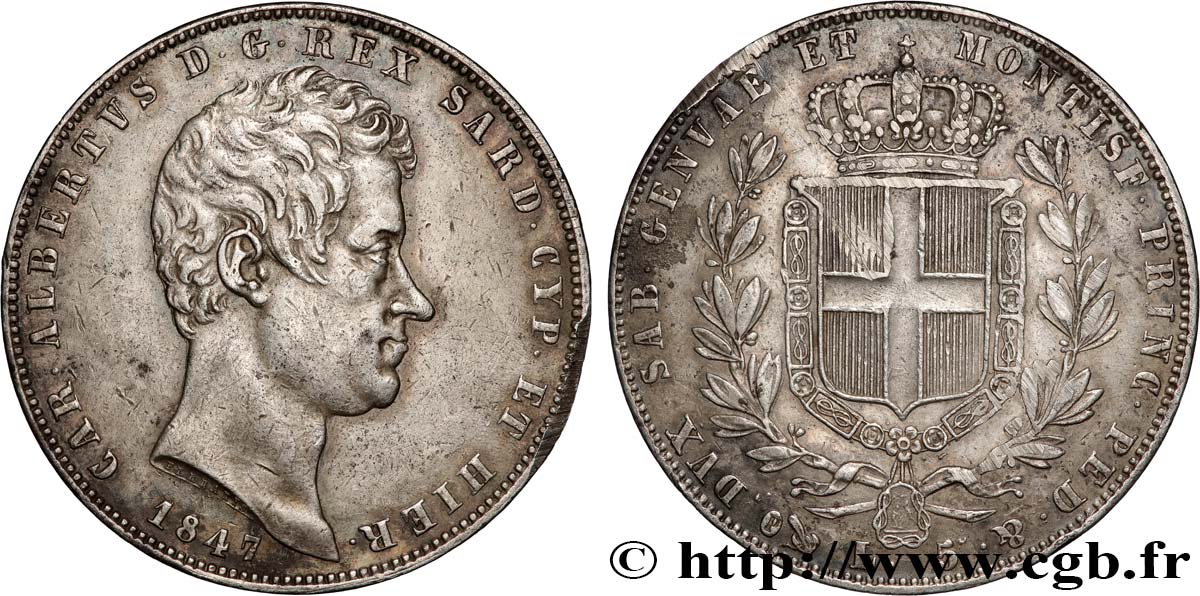 ITALIA - REINO DE CERDEÑA  - CARLO ALBERTO 5 Lire  1847 Gênes MBC 