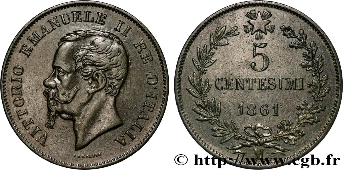 ITALIA 5 Centesimi Royaume d’Italie Victor Emmanuel II 1861 Milan - M MBC+ 