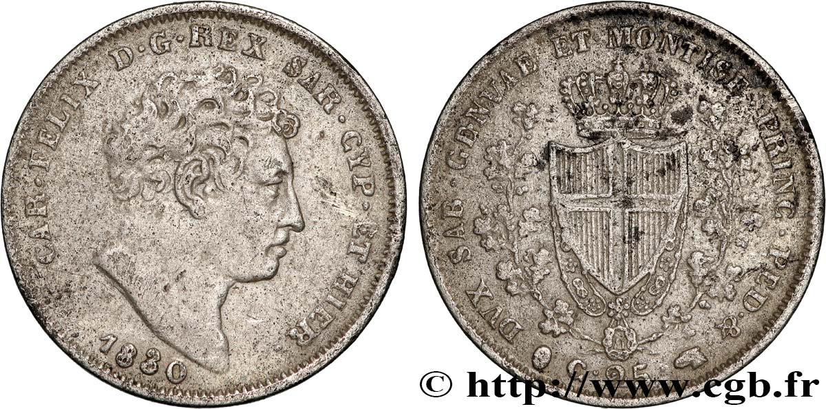 ITALY - KINGDOM OF SARDINIA - CHARLES-FELIX 25 Centesimi  1830 Turin XF 