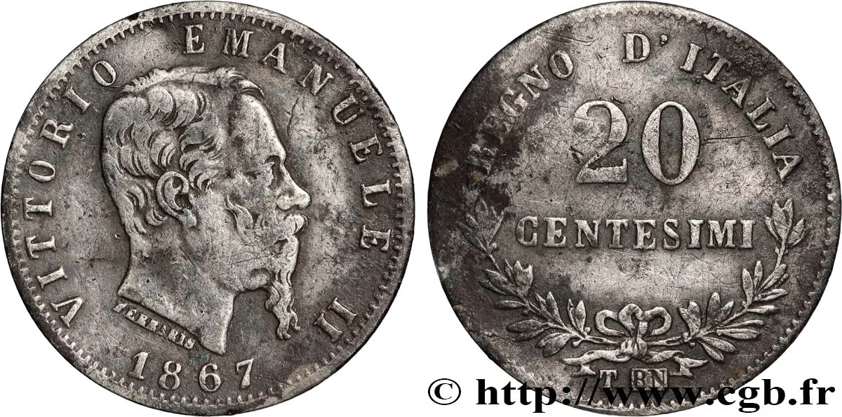 ITALIE 20 Centesimi Victor Emmanuel II 1867 Turin TB+ 