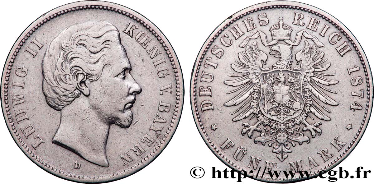 GERMANY - KINGDOM OF BAVARIA - LUDWIG II 5 Mark  1874 Munich - D VF 