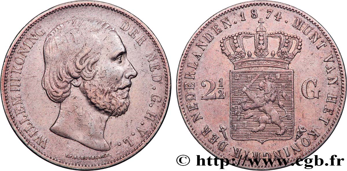 NETHERLANDS - KINGDOM OF THE NETHERLANDS - WILLIAM III 2 1/2 Gulden  1874 Utrecht AU 