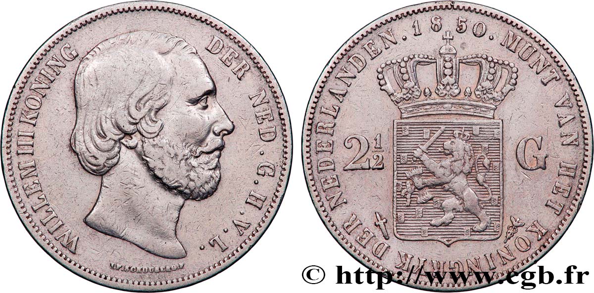 NETHERLANDS - KINGDOM OF THE NETHERLANDS - WILLIAM III 2 1/2 Gulden  1850 Utrecht XF 