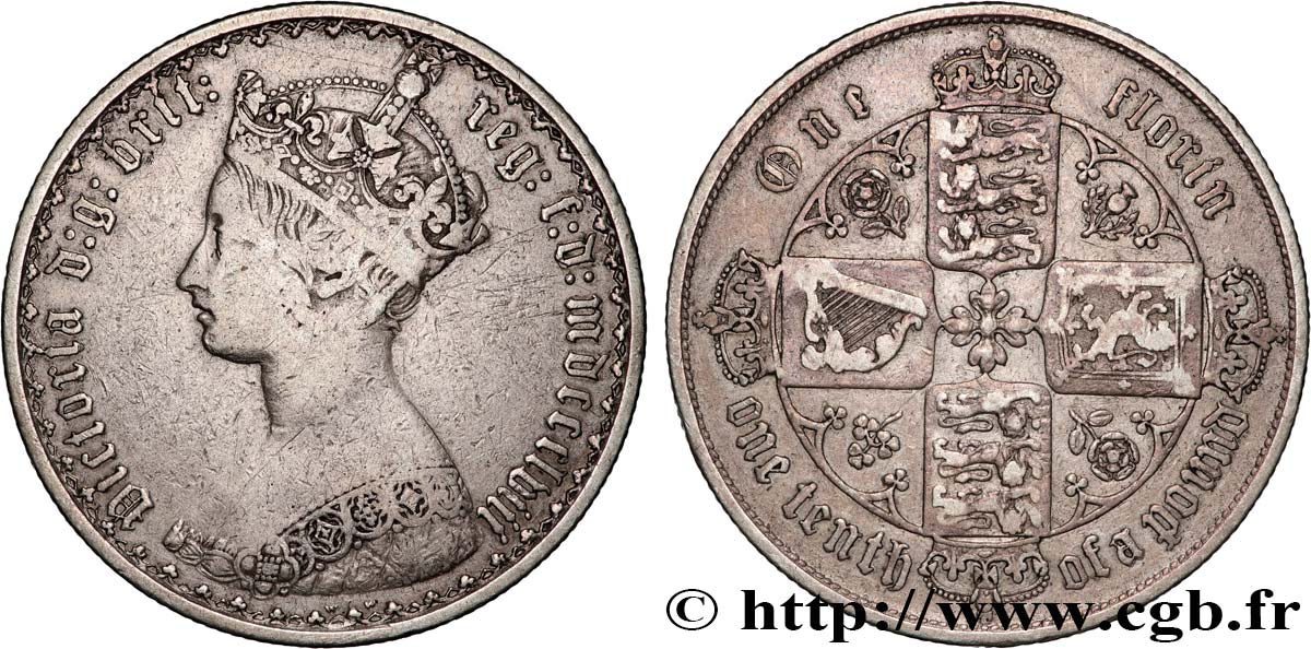 GREAT BRITAIN - VICTORIA 1 Florin style gothique 1858 Londres VF 