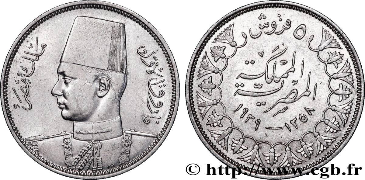 ÉGYPTE 5 Piastres Roi Farouk AH1358 1939  TTB 