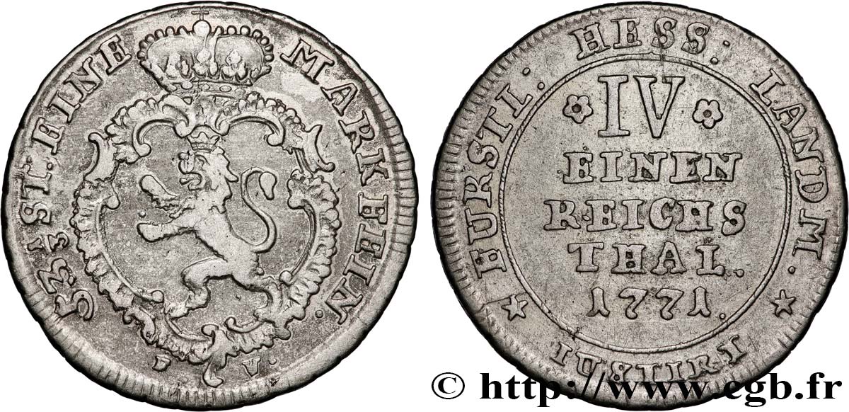 GERMANY - PRINCIPALITY OF HESSE-CASSEL - FREDERICK II 1/4 Thaler  1771  XF 