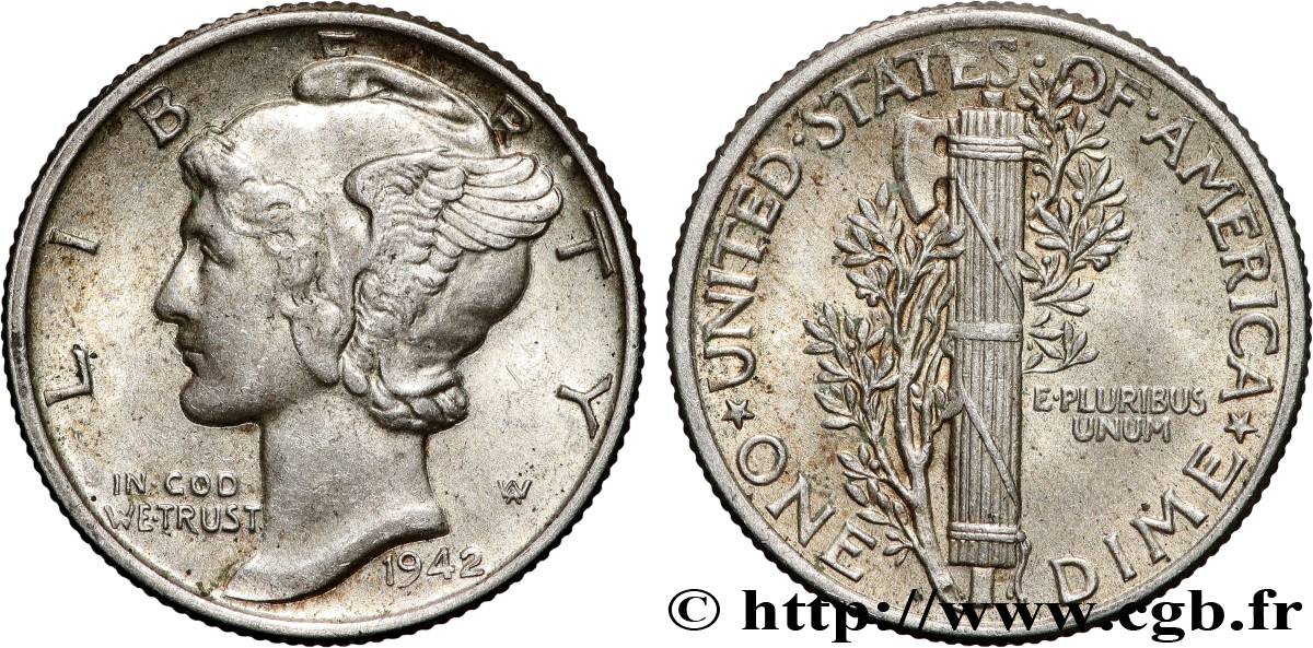 ÉTATS-UNIS D&nbsp;AMÉRIQUE 1 Dime Mercury 1942 Philadelphie TTB+ 