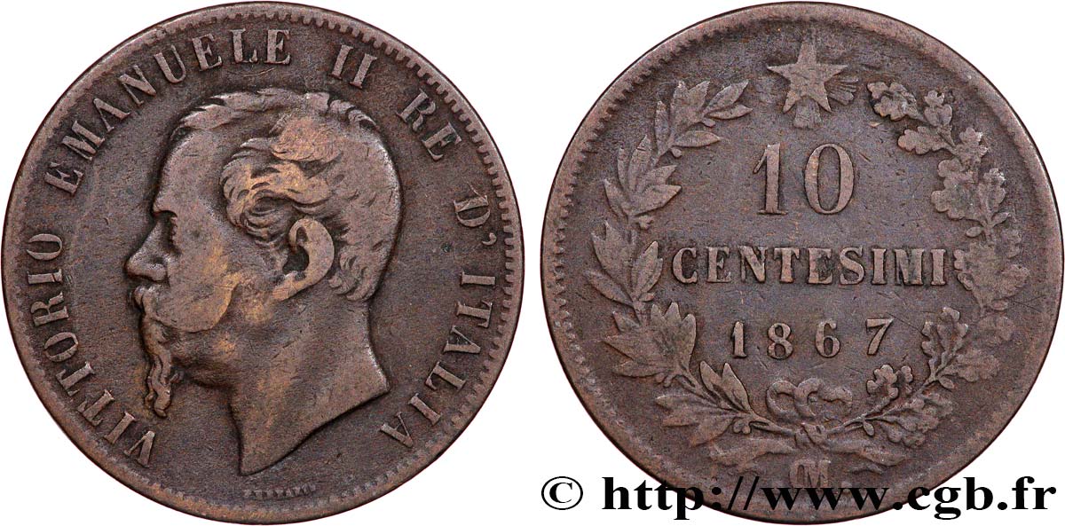 ITALIE 10 Centesimi Victor Emmanuel II 1867 Strasbourg TB+ 