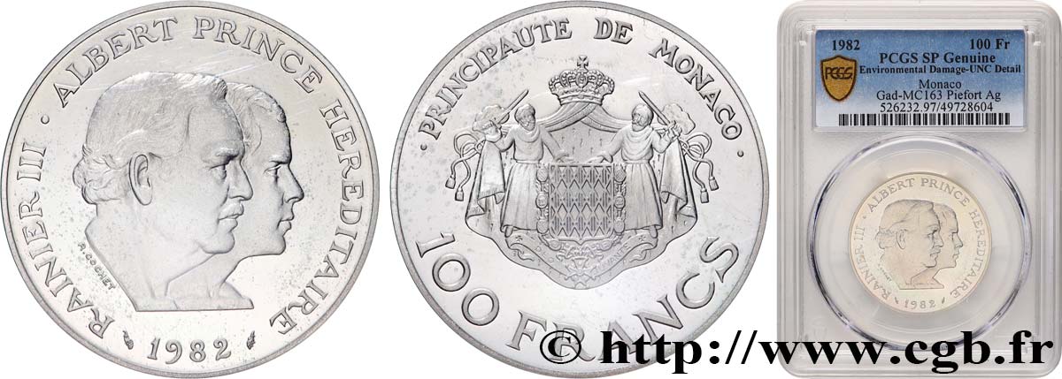 MONACO - PRINCIPAUTÉ DE MONACO - RAINIER III Piefort en argent 100 Francs Rainier III et Albert 1982 Paris SPL PCGS