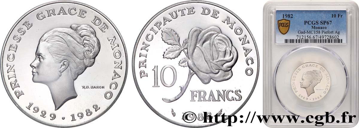 MONACO Piéfort en argent de 10 Francs princesse Grace de Monaco 1982 Paris FDC67 PCGS