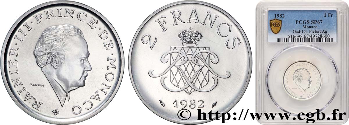 MÓNACO - PRINCIPADO DE MÓNACO - RANIERO III Piefort en argent 2 Francs  1982 Paris FDC67 PCGS