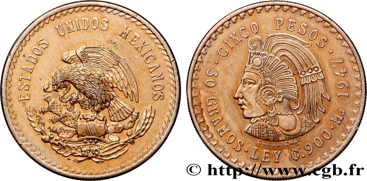 MÉXICO 5 Pesos Cuauhtemoc 1947 Mexico EBC 